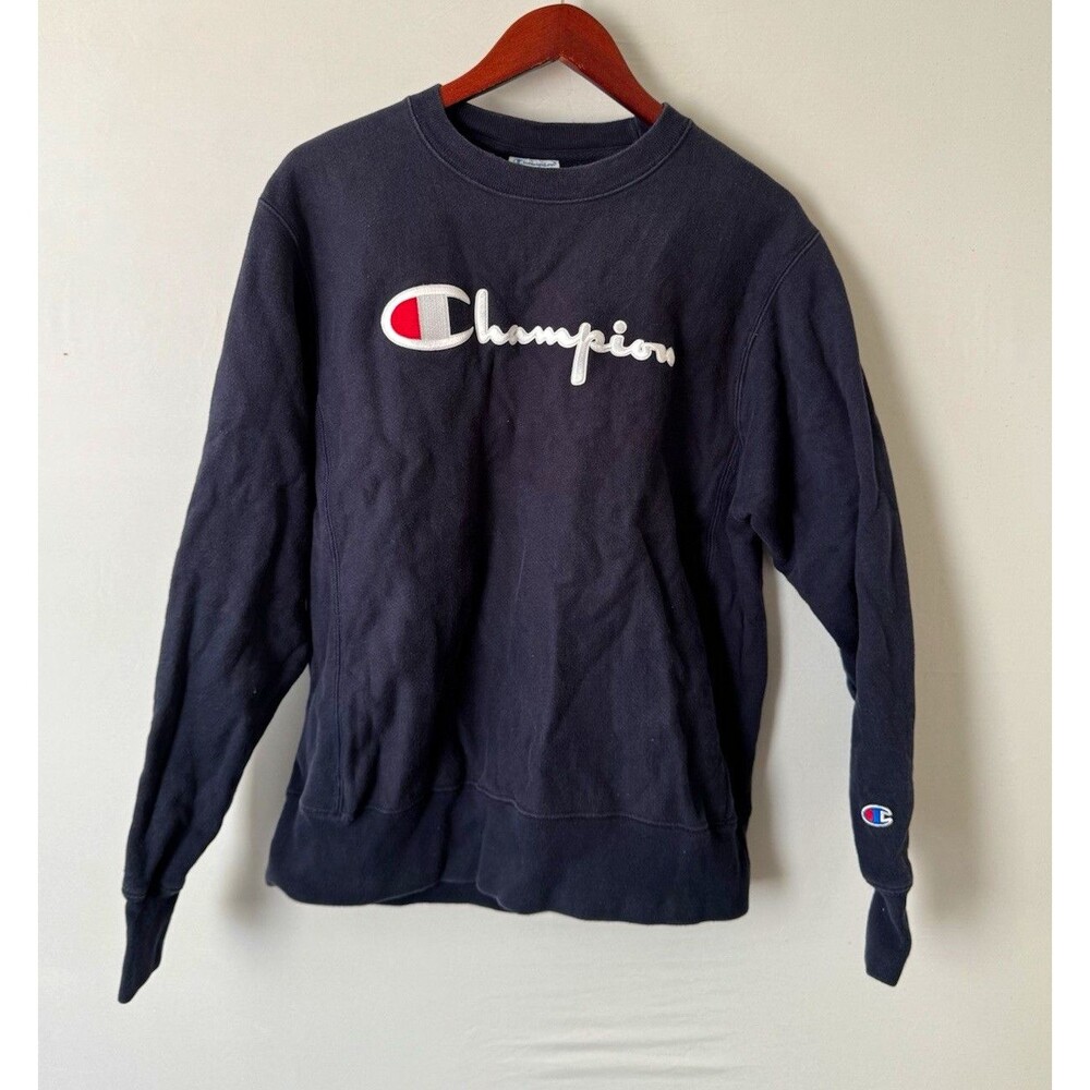 Champion Reverse Weave Men's Blue Crewneck Pullover Fleece Sweatshirt M Logo